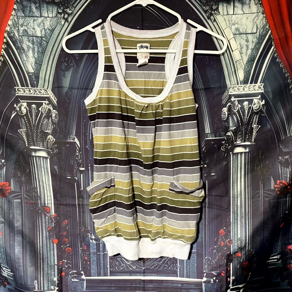 Stussy Tank Top Women's XS Green Cotton Striped Ribbed Hem Casual Outdoor Boho